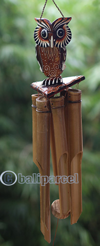 Bamboo Windchime With Owl Painted, Natural Bamboo