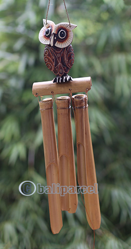 Bamboo Windchime With Owl Painted, Natural Bamboo