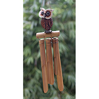 Bamboo Windchime With Owl Painted, Natural Bamboo