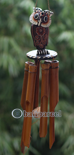Bamboo Windchime With Owl Painted, Natural Bamboo