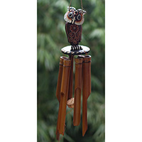Bamboo Windchime With Owl Painted, Natural Bamboo