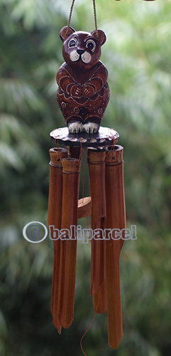 Bamboo Windchime With Cat Painted, Natural Bamboo