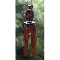 Bamboo Windchime With Cat Painted, Natural Bamboo