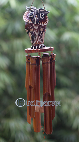 Bamboo Windchime With Owl Painted, Natural Bamboo