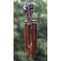 Bamboo Windchime With Owl Painted, Natural Bamboo