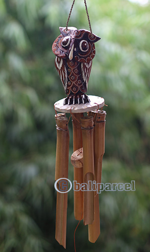 Bamboo Windchime With Owl Painted, Natural Bamboo