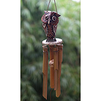 Bamboo Windchime With Owl Painted, Natural Bamboo