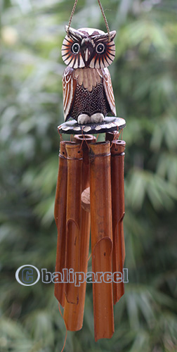 Bamboo Windchime With Owl Painted, Natural Bamboo