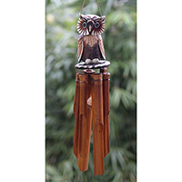 Bamboo Windchime With Owl Painted, Natural Bamboo