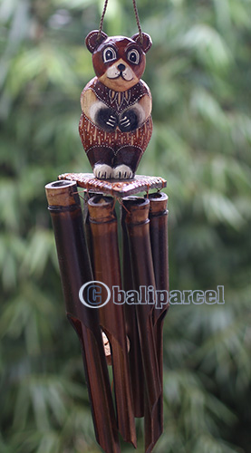 Bamboo Windchime With Cat Painted, Natural Bamboo