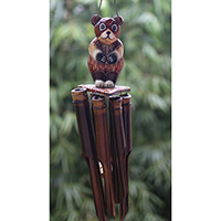 Bamboo Windchime With Cat Painted, Natural Bamboo