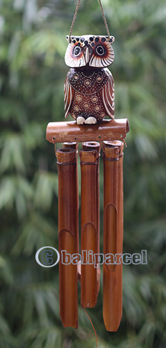 Bamboo Windchime With Owl Painted, Natural Bamboo