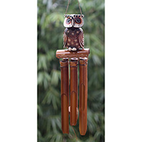 Bamboo Windchime With Owl Painted, Natural Bamboo