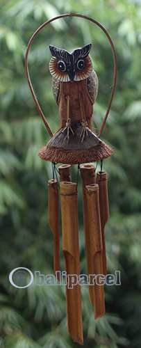 Bamboo Windchime With Owl Painted, Natural Bamboo
