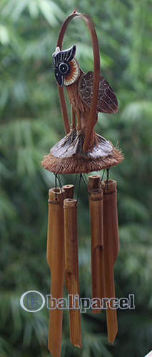 Bamboo Windchime With Owl Painted, Natural Bamboo