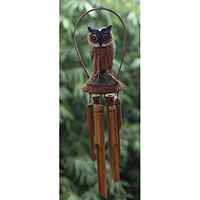 Bamboo Windchime With Owl Painted, Natural Bamboo