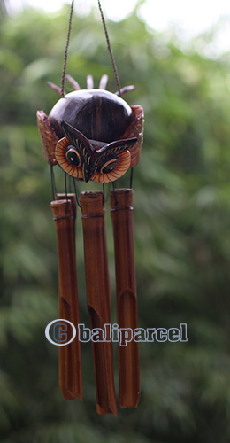 Bamboo Windchime With Owl Painted, Natural Bamboo