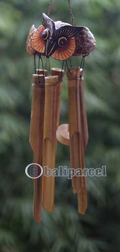 Bamboo Windchime With Owl Painted, Natural Bamboo