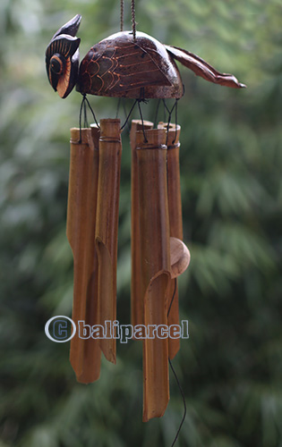 Bamboo Windchime With Owl Painted, Natural Bamboo
