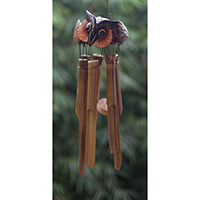 Bamboo Windchime With Owl Painted, Natural Bamboo