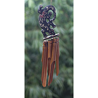 Bamboo Windchime With Gecko Painted, Natural Bamboo