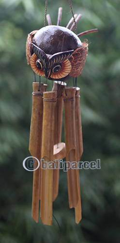 Bamboo Windchime With Owl Painted, Natural Bamboo