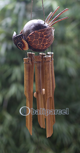 Bamboo Windchime With Owl Painted, Natural Bamboo