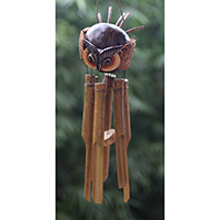 Bamboo Windchime With Owl Painted, Natural Bamboo