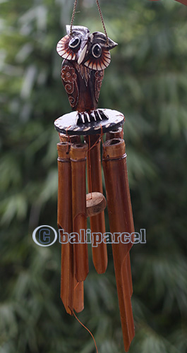 Bamboo Windchime With Owl Painted, Natural Bamboo