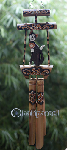 Bamboo Windchime With Cat, Painted Bamboo