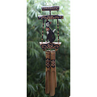 Bamboo Windchime With Cat, Painted Bamboo