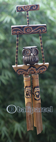 Bamboo Windchime With Owl, Painted Bamboo