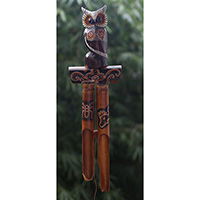 Bamboo Windchime With Owl, Painted Bamboo
