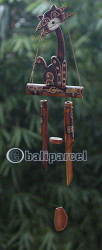 Bamboo Windchime With Cat, Painted Bamboo