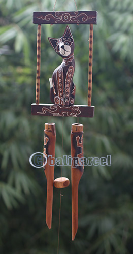 Bamboo Windchime With Cat, Painted Bamboo