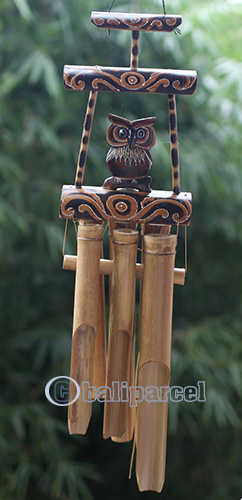 Bamboo Windchime With Owl, Painted Bamboo