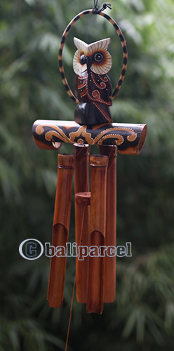 Bamboo Windchime With Owl, Painted Bamboo