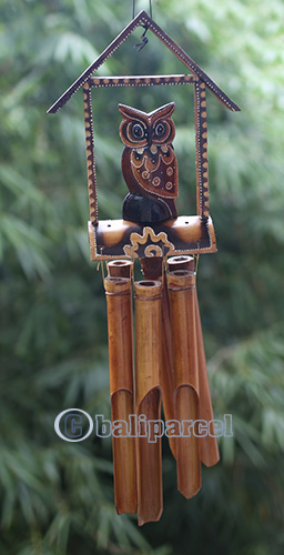 Bamboo Windchime With Owl, Painted Bamboo