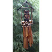 Bamboo Windchime With Owl, Painted Bamboo