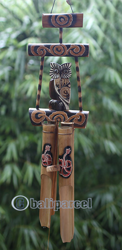 Bamboo Windchime With Owl, Painted Bamboo
