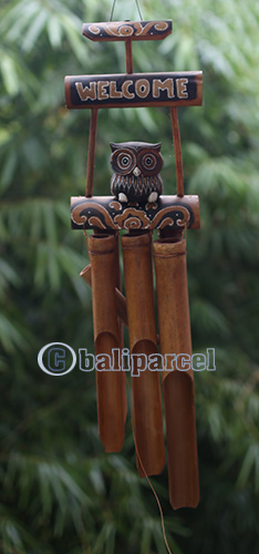 Bamboo Windchime With Owl, Painted Bamboo