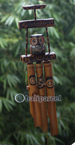 Bamboo Windchime With Owl, Painted Bamboo