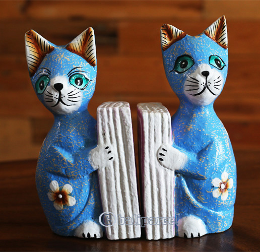Set Of Wooden Cat Bookend With Painted, Hand Carved From Albesia Wood