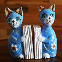 Set Of Wooden Cat Bookend With Painted, Hand Carved From Albesia Wood
