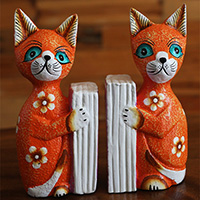 Set Of Wooden Cat Bookend With Painted, Hand Carved From Albesia Wood