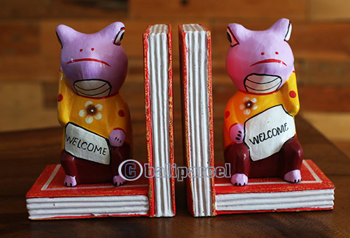 Set Of Wooden Cat Bookend With Painted, Hand Carved From Albesia Wood