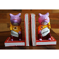 Set Of Wooden Cat Bookend With Painted, Hand Carved From Albesia Wood