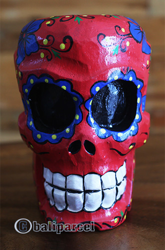 Skull Head With Painted, Handmade From Albesia Wood