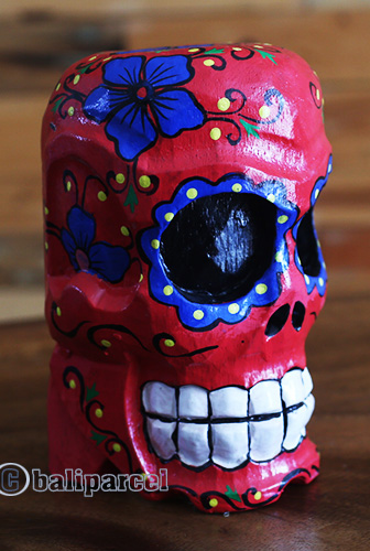 Skull Head With Painted, Handmade From Albesia Wood