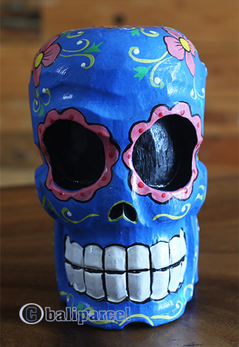 Skull Head With Painted, Handmade From Albesia Wood